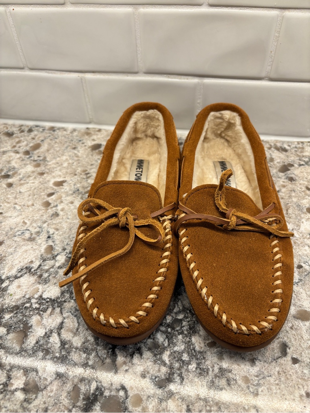 Women’s Minnetonka Moccasin Leather Slippers in Chestnut - Faux Shearling Lined